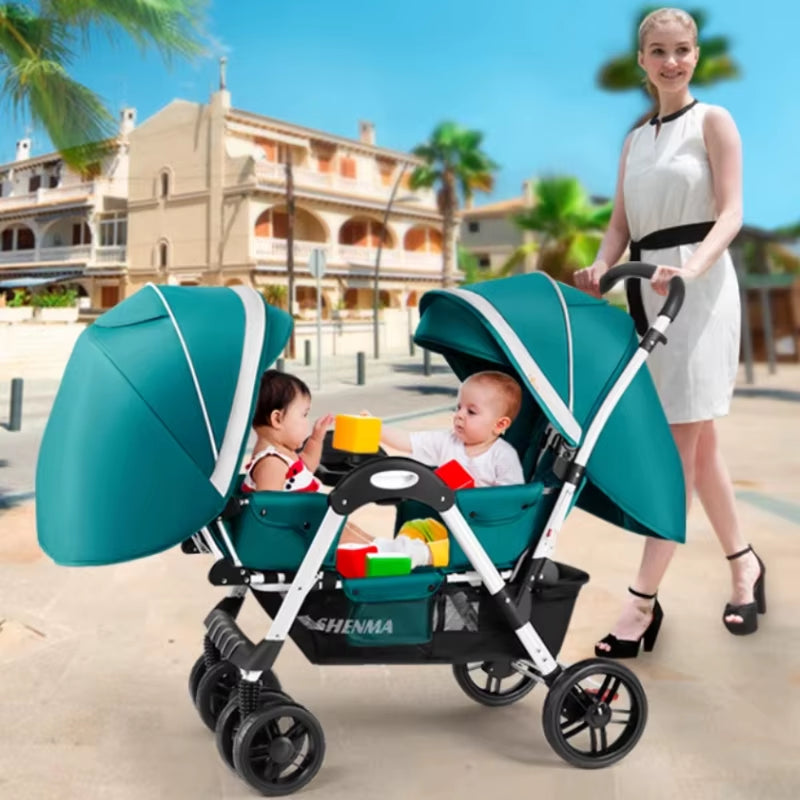 Foldable Twin Stroller – Front & Rear Seats, Reclining & Washable