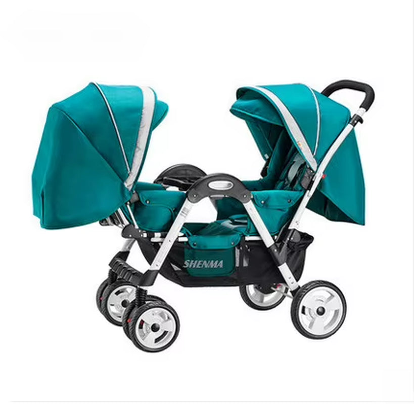 Foldable Twin Stroller – Front & Rear Seats, Reclining & Washable