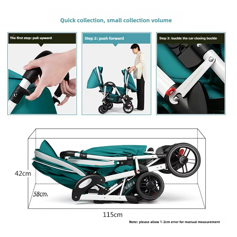 Foldable Twin Stroller – Front & Rear Seats, Reclining & Washable